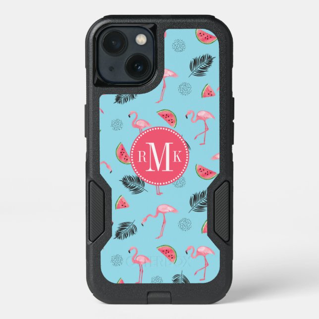 Trendy Tropical Flamingo & Watermelon Pattern Otterbox iPhone Case (Back)