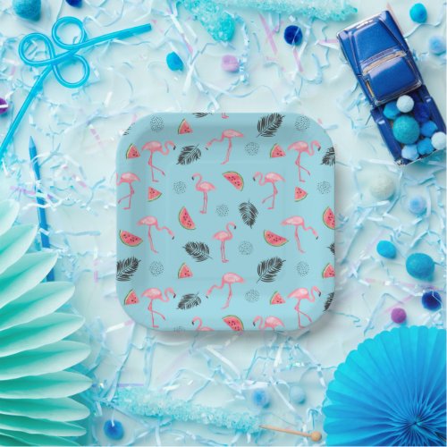 Trendy Tropical Flamingo  Watermelon Pattern Paper Plates