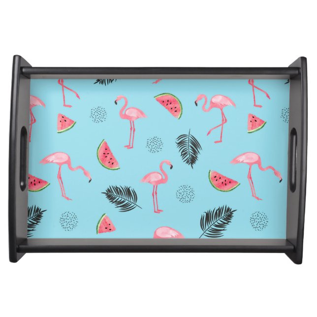 Trendy Tropical Flamingo & Watermelon Pattern Serving Tray (Front)