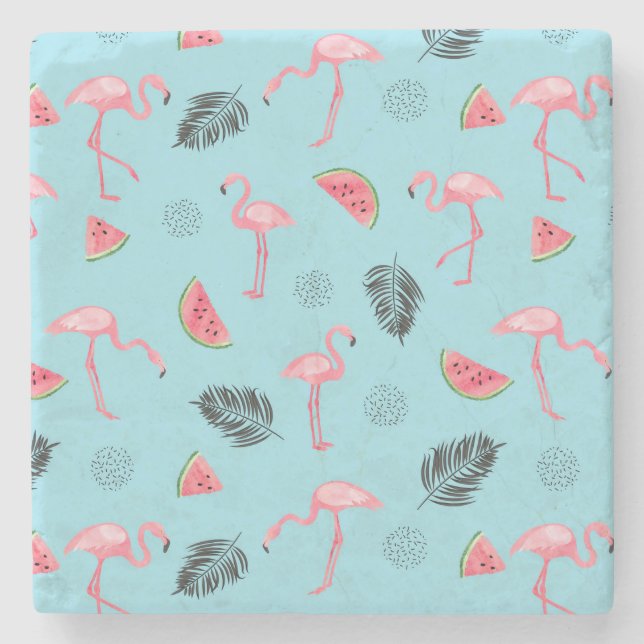 Trendy Tropical Flamingo & Watermelon Pattern Stone Coaster (Front)