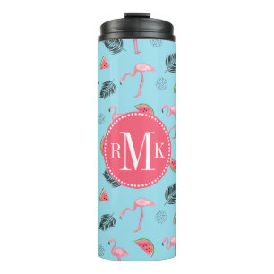 Trendy Tropical Flamingo & Watermelon Pattern Thermal Tumbler