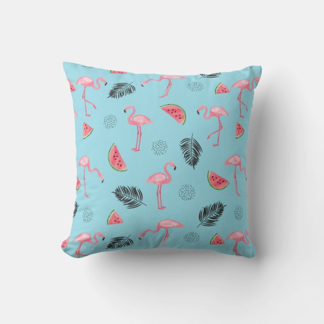 Trendy Tropical Flamingo & Watermelon Pattern Throw Pillow (Front)