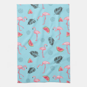 Trendy Tropical Flamingo & Watermelon Pattern Towel