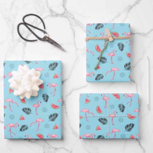 Trendy Tropical Flamingo  Watermelon Pattern Wrapping Paper Sheets