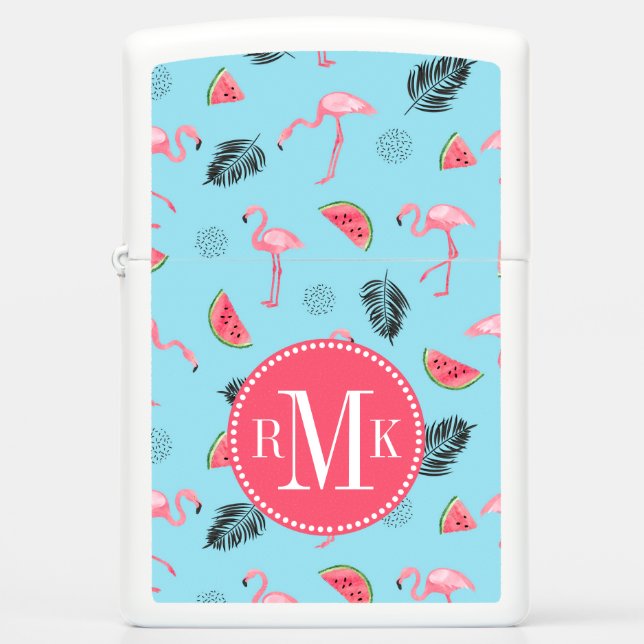 Trendy Tropical Flamingo & Watermelon Pattern Zippo Lighter (Front)