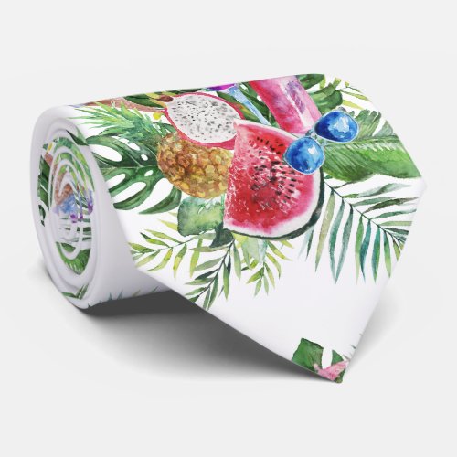 Trendy Tropical Floral Fruits Beverage Monogram Neck Tie