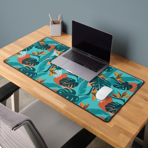 Trendy tropical flowers palm leaves modern pattern desk mat