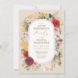 Trendy Tropical Flowers Rustic Pampas Birthday Invitation