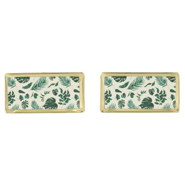 Trendy Tropical Foliage Green Leaves Pattern Cufflinks (Front)