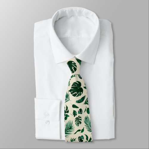 Trendy Tropical Foliage Green Leaves Pattern Neck Tie