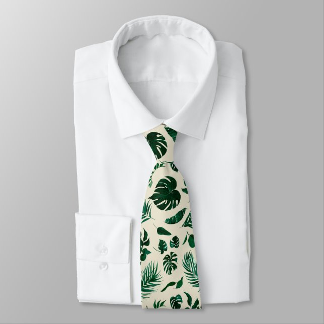 Trendy Tropical Foliage Green Leaves Pattern Neck Tie (Tied)