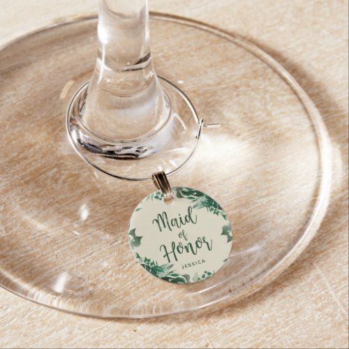 Trendy Tropical Foliage Maid of Honor with Name Wine Charm