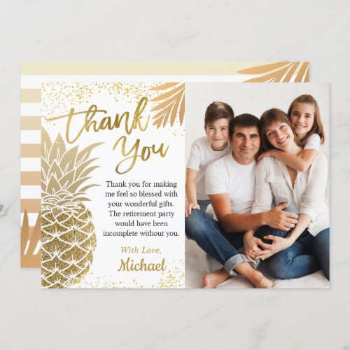 Trendy Tropical Gold Pineapple Summer Party Photo Thank You Card