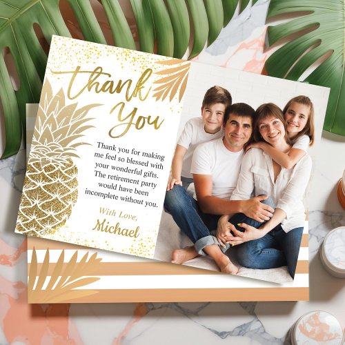 Trendy Tropical Gold Pineapple Summer Party Photo Thank You Card