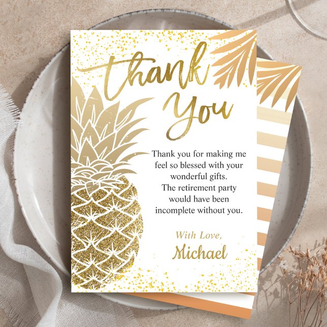 Trendy Tropical Gold Pineapple Summer Party Thank You Card (Creator Uploaded)