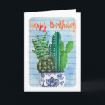 Trendy tropical green & blue Cactus Birthday Card<br><div class="desc">A trendy birthday card with a big cactus in green and a blue Chinese pot on a blue striped background</div>