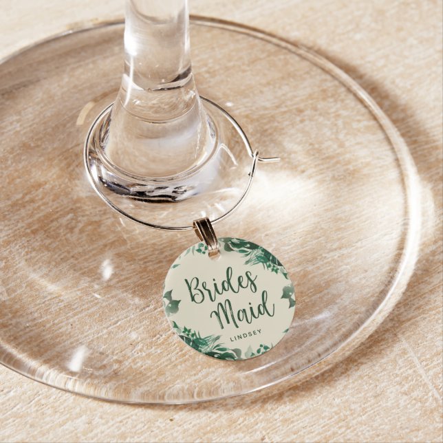 Trendy Tropical Green Foliage Bridesmaid with Name Wine Charm (In Situ)