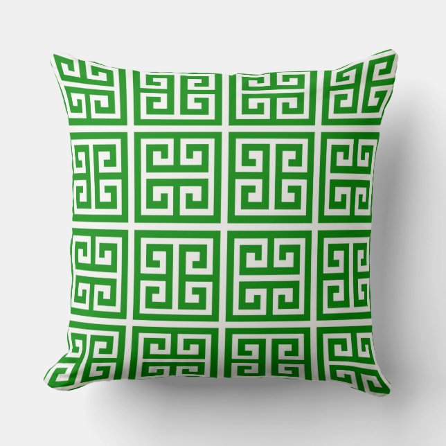 Trendy Tropical Green Greek Key Pattern Throw Pillow (Front)