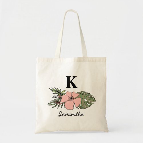 Trendy Tropical Leaves Pink  Green Monogram Tote Bag