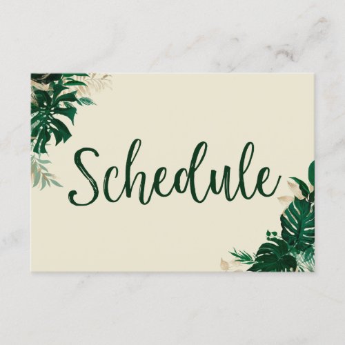 Trendy Tropical Leaves with Gold Wedding Schedule Enclosure Card