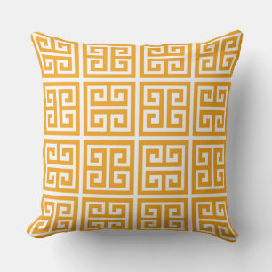 Trendy Tropical Orange Greek Key Pattern Outdoor Pillow
