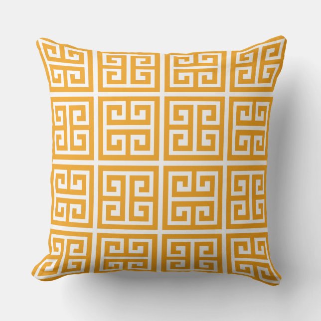 Trendy Tropical Orange Greek Key Pattern Outdoor Pillow (Front)