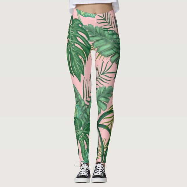 Trendy Tropical Palm Leaves Pattern Pink Leggings (Front)