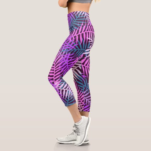 Trendy Tropical Palm Leaves Pattern Purple Teal Capri Leggings