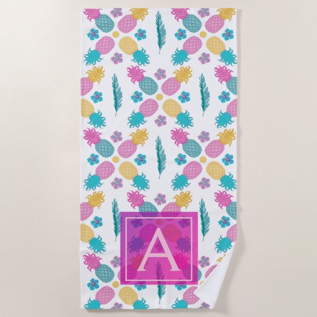Trendy tropical pineapple colorful leaves beach towel (Front)