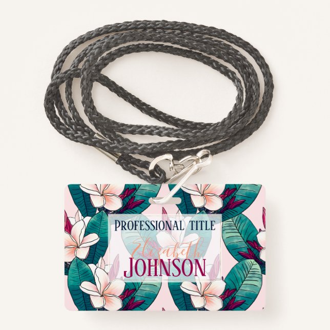 Trendy Tropical Plumeria Flowers Green Foliage Badge (Front with Lanyard)