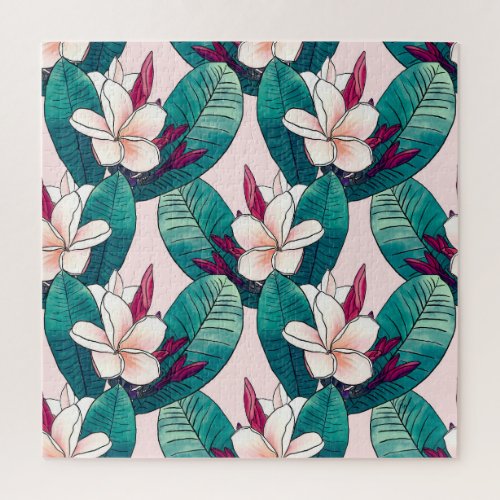 Trendy Tropical Plumeria Flowers Green Foliage Jigsaw Puzzle