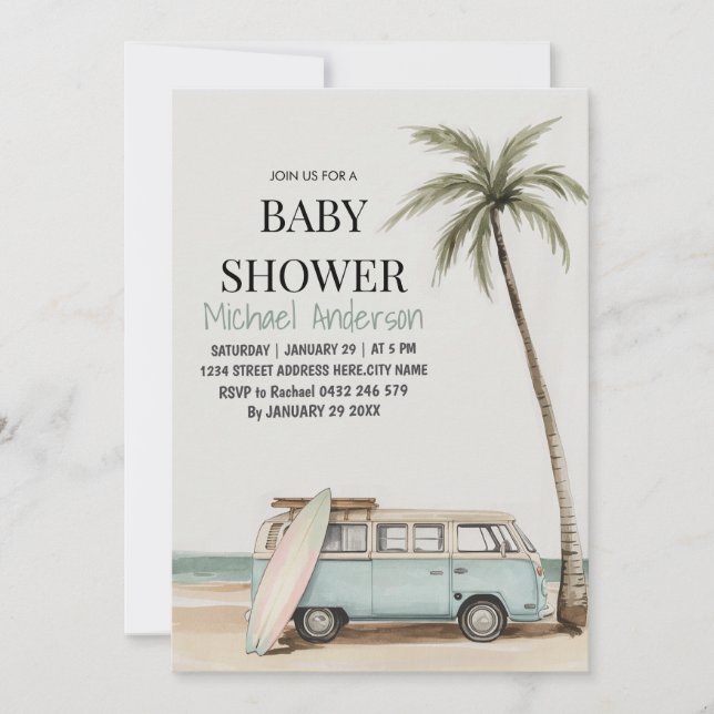 Trendy tropical Summer surfing Beach Baby Shower  Invitation (Front)
