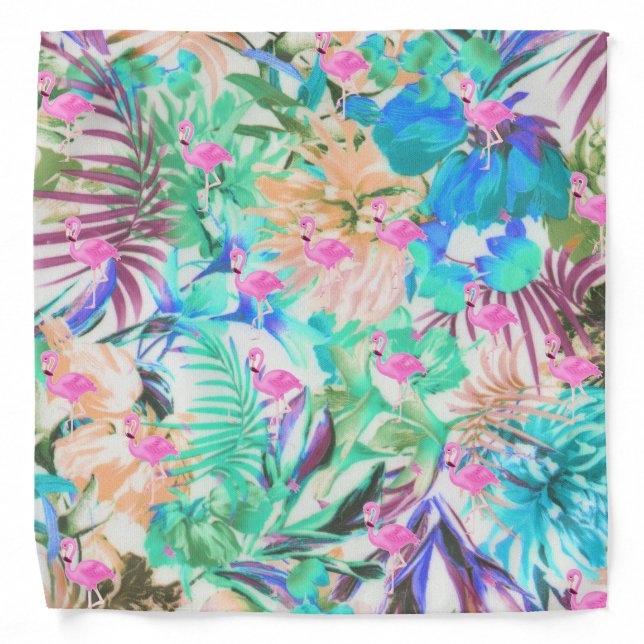 Trendy tropical teal pink floral flamingo bandana (Front)