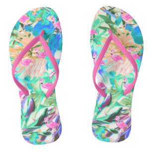 Trendy tropical teal pink floral flamingo flip flops