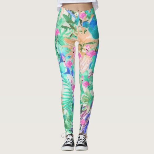 Trendy tropical teal pink floral flamingo leggings