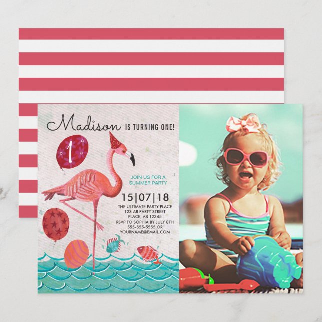 Trendy Tropical turquoise & pink Flamingo birthday Invitation (Front/Back)