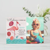 Trendy Tropical turquoise & pink Flamingo birthday Invitation (Standing Front)