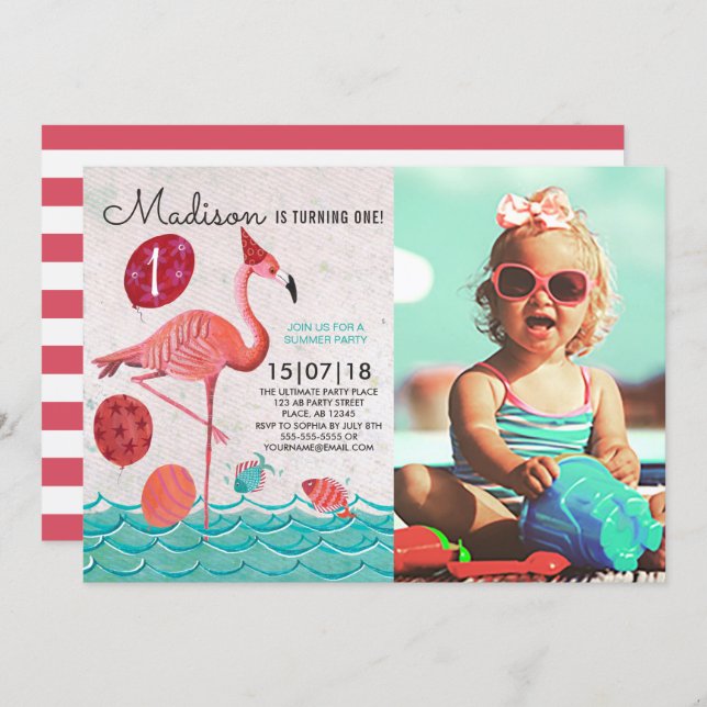 Trendy Tropical turquoise & pink Flamingo birthday Invitation (Front/Back)