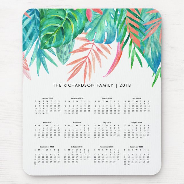 Trendy Tropical Watercolor | 2018 Calendar Mouse Pad (Front)