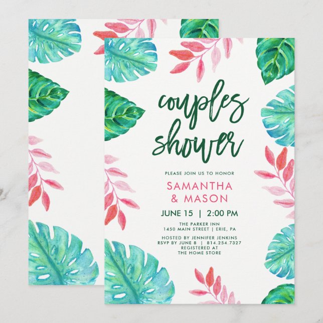 Trendy Tropical Watercolor Couples Shower Invitation (Front/Back)