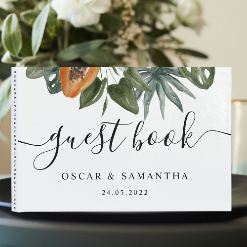 Trendy Tropical Watercolor Green Leaves Guest Book