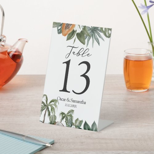 Trendy Tropical Watercolor Green Leaves Pedestal Sign