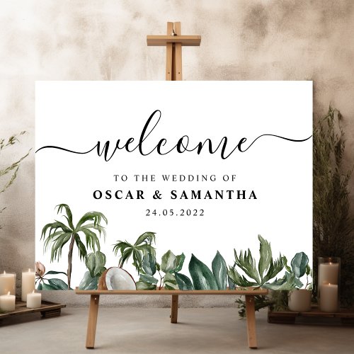 Trendy Tropical Watercolor Green Leaves Sign