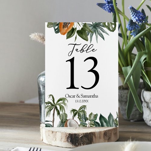 Trendy Tropical Watercolor Green Leaves Table Number