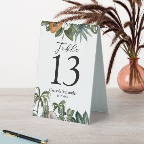 Trendy Tropical Watercolor Green Leaves Table Tent Sign