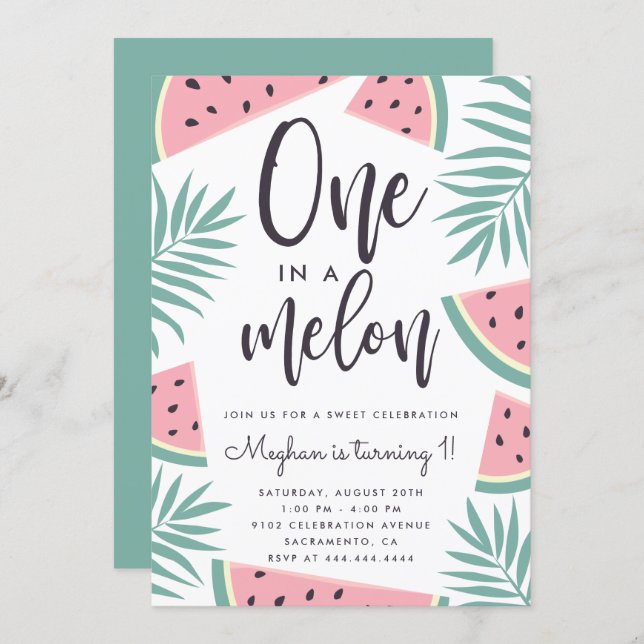 Trendy Tropical Watermelon One In A Melon Birthday Invitation (Front/Back)