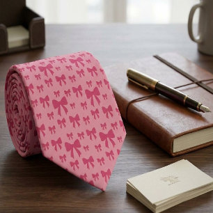 Trendy Tulip Pink Bows Pattern On Boho Chic Pink Neck Tie