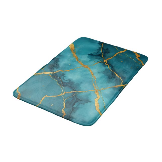Trendy Turquoise Blue Gold Marble Collection Bath Mat (Angled)