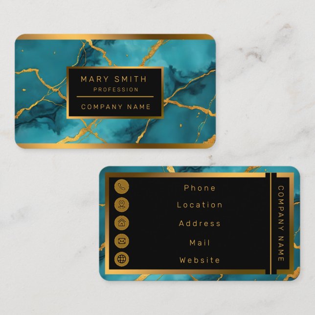 Trendy Turquoise Blue Gold Marble Collection Business Card (Front/Back)