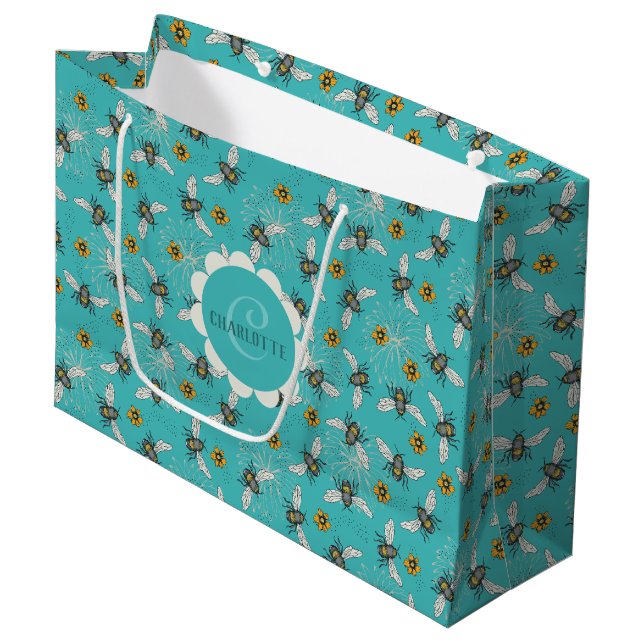 Trendy Turquoise Buzzing Spring & Summer Honeybee  Large Gift Bag (Front Angled)